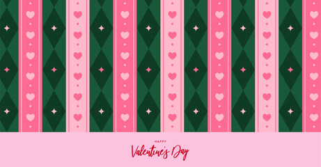 Valentine&rsquo;s Day Seamless Pattern Background with Pink Hearts, Green Geometric Diamond Stripes, Cute Romantic Repeating Design for Wrapping Paper, Textile, Wallpaper, and Digital Use