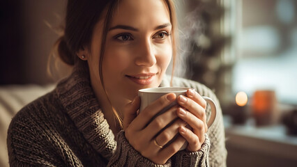 Woman holding warm cup smiling.
