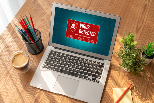Virus warning alert on computer screen detected modish cyber threat , hacker, computer virus and malware - Powered by Adobe