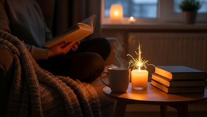 Woman Reading Book by Candlelight.