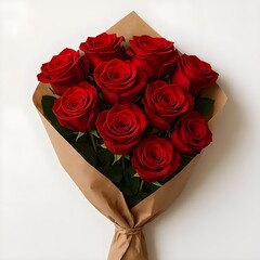 Beautiful Bouquet of Fresh Red Roses Wrapped in Brown Paper Top View Floral Gift for Valentine Day or Anniversary