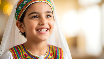 Young girl wearing traditional headscarf smiling.