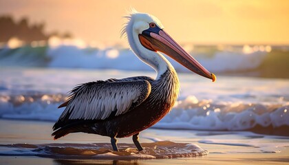 A majestic brown pelican stands on a sandy shore at dawn. Waves gently lap the beach as the sun bathes it in warm light