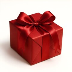 Luxury red gift box wrapped in red paper with a large glossy red satin ribbon bow isolated on white