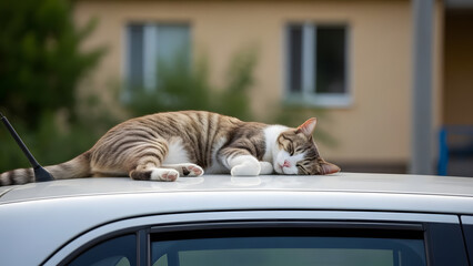 Urban Street Cat Sleeping on Vehicle in Public Space