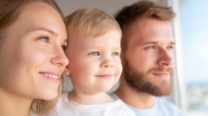 Family looks out window with smiles in bright, indoor setting during daytime