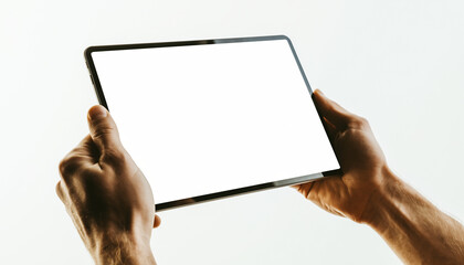 Hands holding blank tablet screen for customizable content display