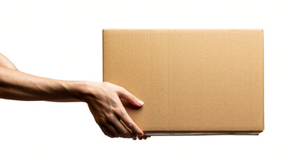 Hand holding cardboard box on white background for shipping
