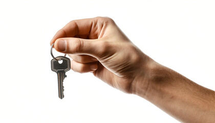 Hand holding a key on a white background