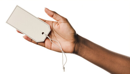 Hand holding blank white price tag with string