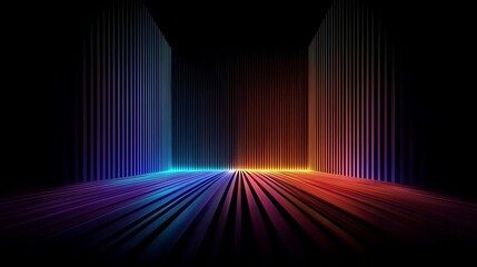 Vibrant neon light lines form an abstract futuristic three dimensional room with perspective