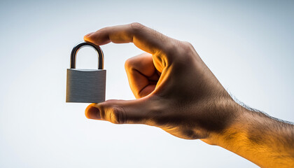 Hand holding small padlock on white background
