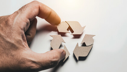 Hand reassembling cardboard recycling symbol on white background