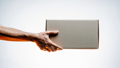 Hand holding brown cardboard box on white background