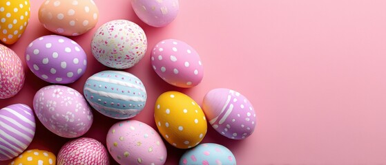 Colorful hand-painted Easter eggs on pink background with copy space, Pastel decorated Easter eggs with polka dots and stripes pattern, Easter holiday decoration with patterned eggs on pink surface