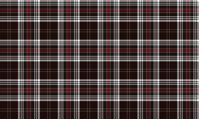 Seamless plaid fabric in black, dark red, and white, ideal for fashion design such as clothing, skirts, and trousers. It offers a classic yet modern feel and is easy to use in textiles and design.