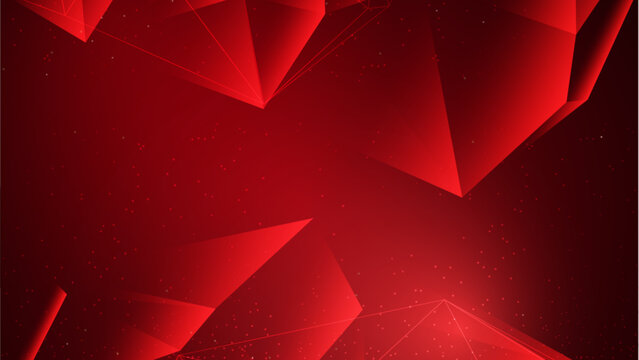 Abstract bright red low poly geometric background with sharp triangular shapes and crystal facets. Modern futuristic polygonal wallpaper for creative and graphic design.