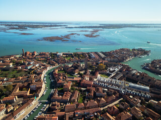 Murano Island in Venice, aerial view from a drone, Italy