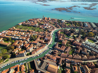 Murano Island in Venice, aerial view from a drone, Italy