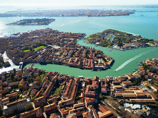 Murano Island in Venice, aerial view from a drone, Italy