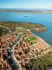 Murano Island in Venice, aerial view from a drone, Italy