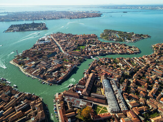 Murano Island in Venice, aerial view from a drone, Italy