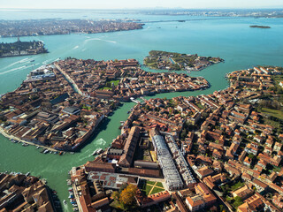 Murano Island in Venice, aerial view from a drone, Italy
