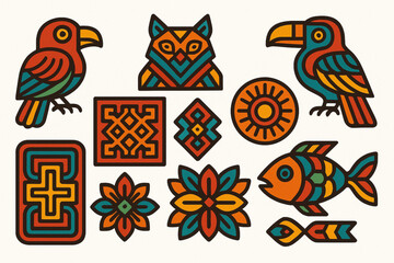 Obraz premium Panama Guna mola vector icons with abstract birds animals textile patterns sun and fish motifs