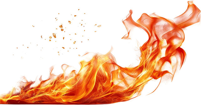 Abstract representation of vibrant orange-red flame with embers, isolated on white background. Depicts energy, combustion, and fiery heat visually.