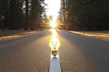 Conceptual light bulb on a road with sunset in background illuminating endless possibilities