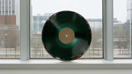 Green translucent vinyl record positioned on a window frame with city buildings visible outside