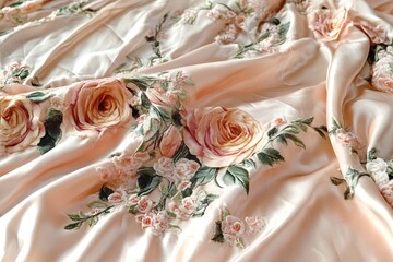 Elegant Satin Fabric with Delicate Floral Embroidery in Soft Peach and Pink Tones