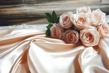 Elegant Pink Roses on Soft Satin Fabric with Rustic Wooden Background