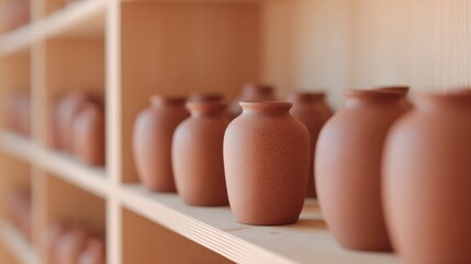 Clay pots arranged on shelves in a pottery studio during the daytime