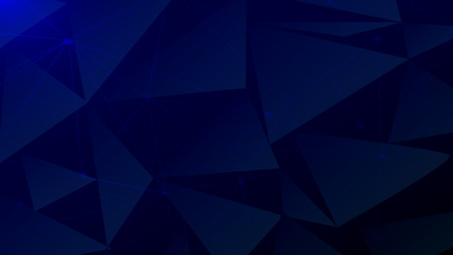 Abstract dark blue low poly geometric background with triangular shapes and subtle gradient light. Elegant modern technology wallpaper for web and graphic design.