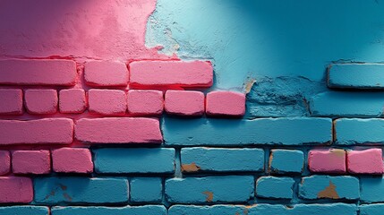 Old masonry wall features a vibrant mix of pink and blue painted bricks and peeling plaster