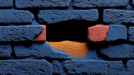 This textured blue painted brick wall features a broken gap revealing bright orange masonry