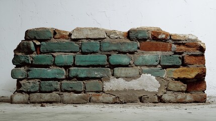 A low weathered wall section features colorful teal and orange bricks against a rustic white plaster wall