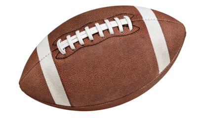 A close-up of a brown leather American football with white laces and stripes, showcasing its textured surface and classic design for sports and recreational activities.