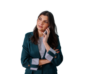 Businesswoman talking on phone, communicating ideas, contemplating solutions, planning, making decisions, transparent background