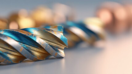 Colorful drill bits lined up on a table in a workshop setting