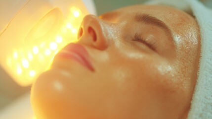 Woman experiences facial treatment with light therapy in spa setting