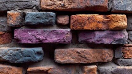 Colorful weathered bricks feature rough textures and aged surfaces in shades of orange purple and grey