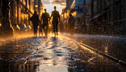 People walking during rain in a city at sunset.