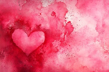 Vibrant Abstract Watercolor Background with Heart Shape in Shades of Pink and Red