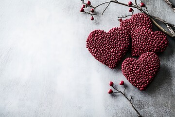 Colorful Candy Hearts with Red Berries on Gray Surface for Romantic Celebrations