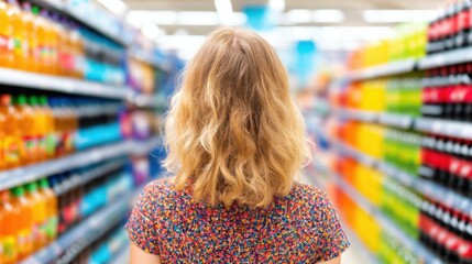 Woman stands in grocery store aisle looking at colorful beverage options
