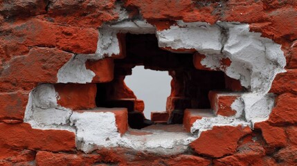 A large irregular hole breaks through an old weathered red brick wall with white plaster edges
