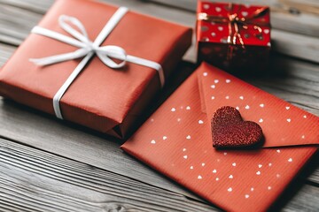 Festive Gifts and Heart-Shaped Card on Wooden Table for Celebrations and Special Occasions