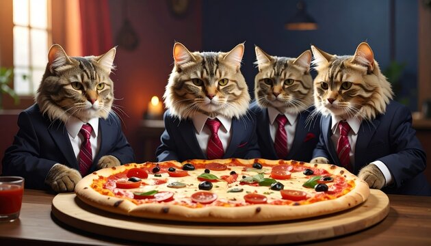 Four Tabby Cats in Suits Gather Around a Large Pepperoni Pizza at a Dinner Table